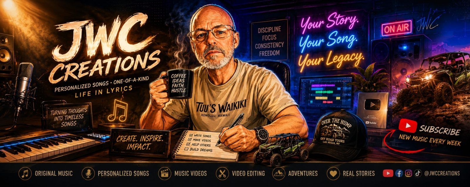 Illustration of John Cagle, founder of JWC Creations, holding a coffee mug at his music studio desk, with the words Your Story. Your Song. Your Legacy.