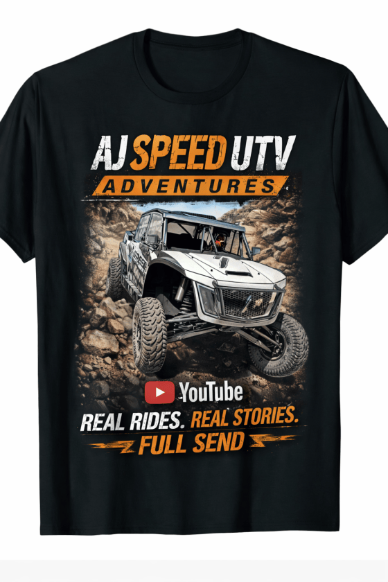 AJ Speed UTV Adventures black tee with an off-road UTV on rocks