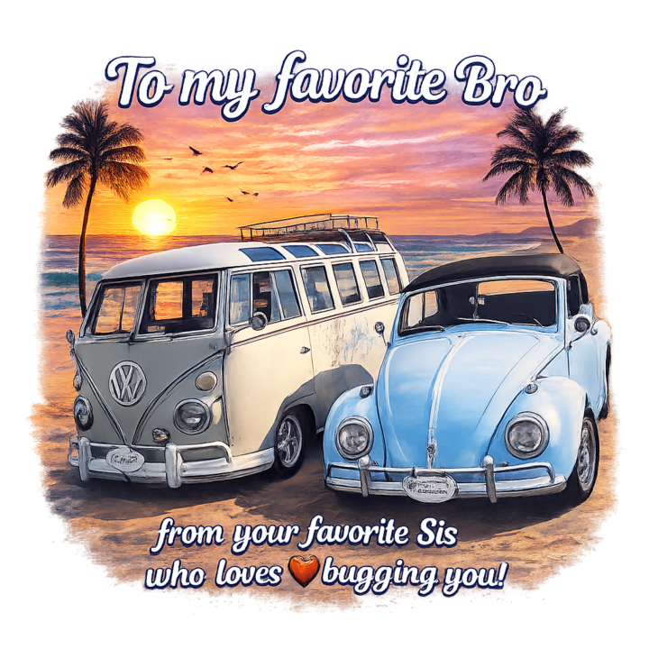 Personalized tee design: two vintage Volkswagens on a sunset beach, 'To my favorite Bro, from your favorite Sis'